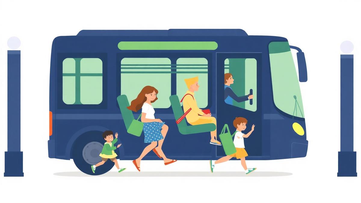 Illustration of a family with children boarding a local bus
